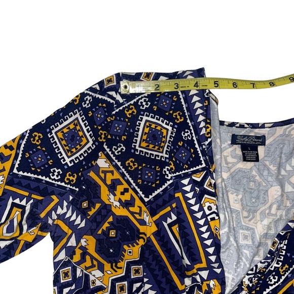 Lucky Brand Geometric/Aztec 3/4 Sleeve Surplice V-Neck Faux Wrap Mini Dress Sz L - Picture 11 of 15